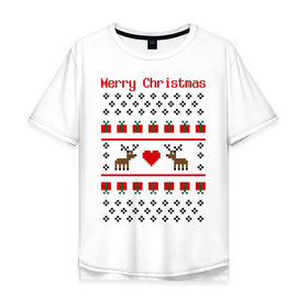 Мужская футболка хлопок Oversize с принтом Пиксельный узор олени в Новосибирске, 100% хлопок | свободный крой, круглый ворот, “спинка” длиннее передней части | 8 bit | merry christmas | новогодний | олени | орнамент | пиксели | пиксельный узор | подарки | рождество | с новым годом | с рождеством