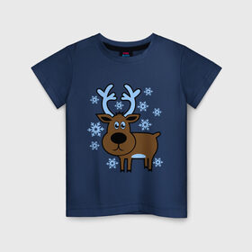 Детская футболка хлопок с принтом Олень и снежинки в Новосибирске, 100% хлопок | круглый вырез горловины, полуприлегающий силуэт, длина до линии бедер | новогодний подарок | новый год | олень | олень и снижинки | с новым годом | снег | снежинки
