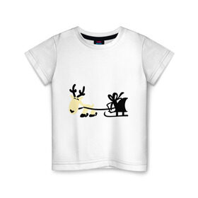 Детская футболка хлопок с принтом Новогодний олень в Новосибирске, 100% хлопок | круглый вырез горловины, полуприлегающий силуэт, длина до линии бедер | Тематика изображения на принте: новогодний | олень | рождество | сани