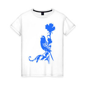 Женская футболка хлопок с принтом Птичка на цветочке в Новосибирске, 100% хлопок | прямой крой, круглый вырез горловины, длина до линии бедер, слегка спущенное плечо | птичка | птичка на цветочке | птичка поет | сад | соловей