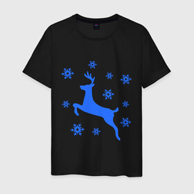 Мужская футболка хлопок с принтом Олень и снежинки в Новосибирске, 100% хлопок | прямой крой, круглый вырез горловины, длина до линии бедер, слегка спущенное плечо. | Тематика изображения на принте: олень и снежинки | праздник | снежинки