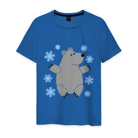Мужская футболка хлопок с принтом Белый мишка в Новосибирске, 100% хлопок | прямой крой, круглый вырез горловины, длина до линии бедер, слегка спущенное плечо. | белый медведь | белый мишка | животные | мишка с в снежинках | новогодний мишка | новый год