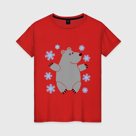 Женская футболка хлопок с принтом Белый мишка в Новосибирске, 100% хлопок | прямой крой, круглый вырез горловины, длина до линии бедер, слегка спущенное плечо | белый медведь | белый мишка | животные | мишка с в снежинках | новогодний мишка | новый год