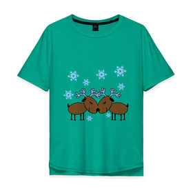 Мужская футболка хлопок Oversize с принтом Влюбленные олени в Новосибирске, 100% хлопок | свободный крой, круглый ворот, “спинка” длиннее передней части | Тематика изображения на принте: влюбленные олени | новый год | олени | снежинки