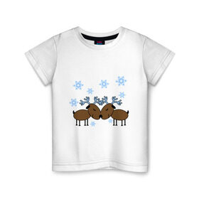 Детская футболка хлопок с принтом Влюбленные олени в Новосибирске, 100% хлопок | круглый вырез горловины, полуприлегающий силуэт, длина до линии бедер | Тематика изображения на принте: влюбленные олени | новый год | олени | снежинки
