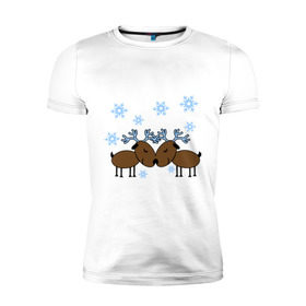 Мужская футболка премиум с принтом Влюбленные олени в Новосибирске, 92% хлопок, 8% лайкра | приталенный силуэт, круглый вырез ворота, длина до линии бедра, короткий рукав | Тематика изображения на принте: влюбленные олени | новый год | олени | снежинки