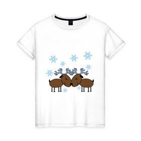 Женская футболка хлопок с принтом Влюбленные олени в Новосибирске, 100% хлопок | прямой крой, круглый вырез горловины, длина до линии бедер, слегка спущенное плечо | Тематика изображения на принте: влюбленные олени | новый год | олени | снежинки