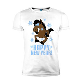 Мужская футболка премиум с принтом Новогодняя Лошадка в Новосибирске, 92% хлопок, 8% лайкра | приталенный силуэт, круглый вырез ворота, длина до линии бедра, короткий рукав | happy new year | идеи подарков | конь | лошадка | новогодняя лошадка | новый год | новый год 2014