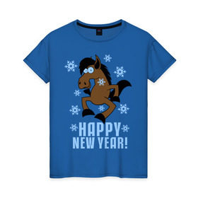 Женская футболка хлопок с принтом Новогодняя Лошадка в Новосибирске, 100% хлопок | прямой крой, круглый вырез горловины, длина до линии бедер, слегка спущенное плечо | happy new year | идеи подарков | конь | лошадка | новогодняя лошадка | новый год | новый год 2014