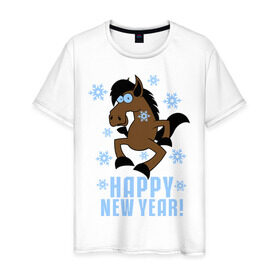 Мужская футболка хлопок с принтом Новогодняя Лошадка в Новосибирске, 100% хлопок | прямой крой, круглый вырез горловины, длина до линии бедер, слегка спущенное плечо. | Тематика изображения на принте: happy new year | идеи подарков | конь | лошадка | новогодняя лошадка | новый год | новый год 2014
