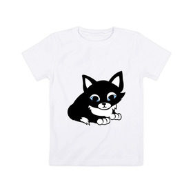 Детская футболка хлопок с принтом Кошечка в Новосибирске, 100% хлопок | круглый вырез горловины, полуприлегающий силуэт, длина до линии бедер | Тематика изображения на принте: киска | кошечка | кошка с белым хвостиком | мяу | черная кошка