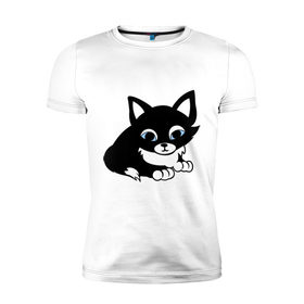 Мужская футболка премиум с принтом Кошечка в Новосибирске, 92% хлопок, 8% лайкра | приталенный силуэт, круглый вырез ворота, длина до линии бедра, короткий рукав | киска | кошечка | кошка с белым хвостиком | мяу | черная кошка