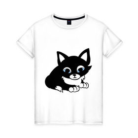 Женская футболка хлопок с принтом Кошечка в Новосибирске, 100% хлопок | прямой крой, круглый вырез горловины, длина до линии бедер, слегка спущенное плечо | Тематика изображения на принте: киска | кошечка | кошка с белым хвостиком | мяу | черная кошка