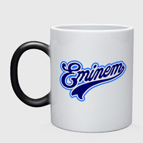 Кружка хамелеон с принтом Eminem logo blue в Новосибирске, керамика | меняет цвет при нагревании, емкость 330 мл | Тематика изображения на принте: bad | berzerk | eminem | gangsta | gansta | hip | hip hop | hop | rap | shady | shady records | еп | рэп | рэпчина | хип | хип хоп | хоп | эминем