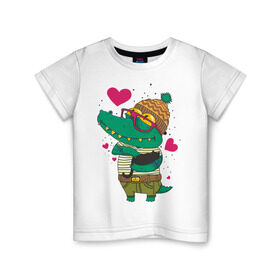 Детская футболка хлопок с принтом Влюбленный крокодил в Новосибирске, 100% хлопок | круглый вырез горловины, полуприлегающий силуэт, длина до линии бедер | влюбленный | влюбленный крокодил | крокодил | крокодил в шапке | сердечки | шапка