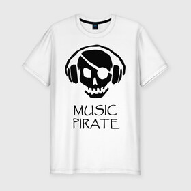 Мужская футболка премиум с принтом Music pirate в Новосибирске, 92% хлопок, 8% лайкра | приталенный силуэт, круглый вырез ворота, длина до линии бедра, короткий рукав | Тематика изображения на принте: music pirate (светящаяся) | музыка | пиратская музыка | прикольные картинки | череп наушники | черепа