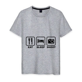 Мужская футболка хлопок с принтом Eat Sleep Shoot (Ешь, Спи, Фотографируй) в Новосибирске, 100% хлопок | прямой крой, круглый вырез горловины, длина до линии бедер, слегка спущенное плечо. | eat sleep shoot | вилка | ешь | кровать | снимок | сон | спи | фотоаппарат | фотографируй