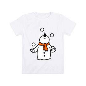 Детская футболка хлопок с принтом Снеговик играет в снежки. в Новосибирске, 100% хлопок | круглый вырез горловины, полуприлегающий силуэт, длина до линии бедер | новый год | новый год 2014 | подарки | снег | снеговик | снеговик играет в снежки | снежки