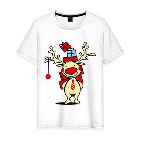 Мужская футболка хлопок с принтом Олень с подарками. в Новосибирске, 100% хлопок | прямой крой, круглый вырез горловины, длина до линии бедер, слегка спущенное плечо. | веселый  олень | новогодний подарок | новый год | олень | олень с подарками | подарки | с новым годом