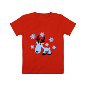 Детская футболка хлопок с принтом Няшный олень. в Новосибирске, 100% хлопок | круглый вырез горловины, полуприлегающий силуэт, длина до линии бедер | новогодний подарок | няшный олень | олень | олень и снег | с новым годом | снег | снежинки