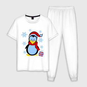 Мужская пижама хлопок с принтом Пингвин в новогодней шапке в Новосибирске, 100% хлопок | брюки и футболка прямого кроя, без карманов, на брюках мягкая резинка на поясе и по низу штанин
 | Тематика изображения на принте: пингвин