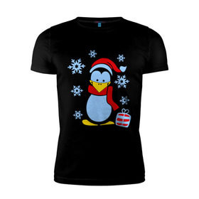Мужская футболка премиум с принтом Пингвин в новогодней шапке в Новосибирске, 92% хлопок, 8% лайкра | приталенный силуэт, круглый вырез ворота, длина до линии бедра, короткий рукав | Тематика изображения на принте: пингвин