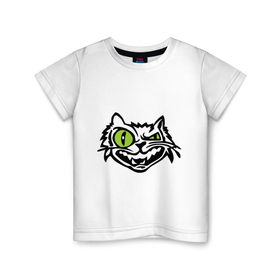 Детская футболка хлопок с принтом Свирепый кот в Новосибирске, 100% хлопок | круглый вырез горловины, полуприлегающий силуэт, длина до линии бедер | глаза | зеленные глаза | зубы | кот | кот с зеленными глаза | котяра | кошачий глаз | свирепый кот