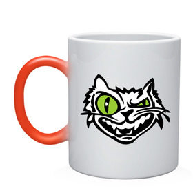 Кружка хамелеон с принтом Свирепый кот в Новосибирске, керамика | меняет цвет при нагревании, емкость 330 мл | Тематика изображения на принте: глаза | зеленные глаза | зубы | кот | кот с зеленными глаза | котяра | кошачий глаз | свирепый кот
