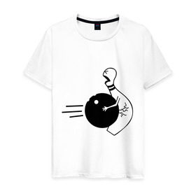 Мужская футболка хлопок с принтом Жестокий боулинг в Новосибирске, 100% хлопок | прямой крой, круглый вырез горловины, длина до линии бедер, слегка спущенное плечо. | жестокий боулинг | кегля | спорт | струйк | цель | шар