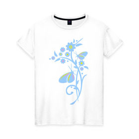 Женская футболка хлопок с принтом Бабочки на цветке в Новосибирске, 100% хлопок | прямой крой, круглый вырез горловины, длина до линии бедер, слегка спущенное плечо | 