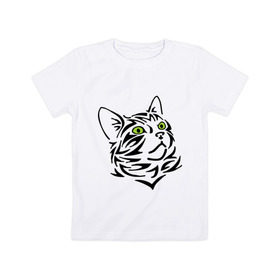 Детская футболка хлопок с принтом Узор - кот в Новосибирске, 100% хлопок | круглый вырез горловины, полуприлегающий силуэт, длина до линии бедер | глаза | киска | кот с зеленными глазами | кошки | силуэт  кота | узор   кот