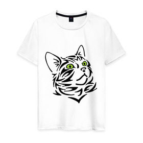 Мужская футболка хлопок с принтом Узор - кот в Новосибирске, 100% хлопок | прямой крой, круглый вырез горловины, длина до линии бедер, слегка спущенное плечо. | глаза | киска | кот с зеленными глазами | кошки | силуэт  кота | узор   кот