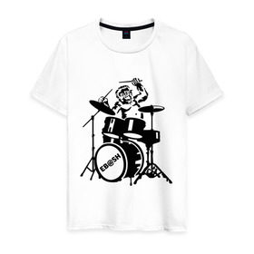 Мужская футболка хлопок с принтом Обезьяна с барабанами в Новосибирске, 100% хлопок | прямой крой, круглый вырез горловины, длина до линии бедер, слегка спущенное плечо. | барабан | музыка | обезьяна с барабанами | разное