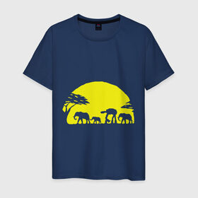 Мужская футболка хлопок с принтом Слоники в Новосибирске, 100% хлопок | прямой крой, круглый вырез горловины, длина до линии бедер, слегка спущенное плечо. | африканский | африканское солнце | животные | слоны  на фоне солнца | солнце | этнический