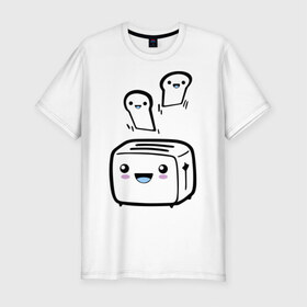 Мужская футболка премиум с принтом Позитивный тостер в Новосибирске, 92% хлопок, 8% лайкра | приталенный силуэт, круглый вырез ворота, длина до линии бедра, короткий рукав | бутерброд | гренки | еда | позитив | позитивный тостер | смайл | тостер | хлеб