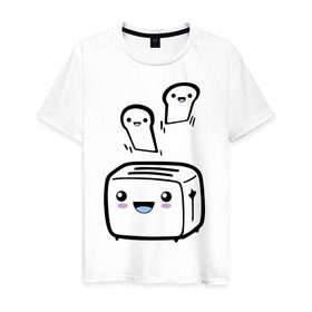 Мужская футболка хлопок с принтом Позитивный тостер в Новосибирске, 100% хлопок | прямой крой, круглый вырез горловины, длина до линии бедер, слегка спущенное плечо. | бутерброд | гренки | еда | позитив | позитивный тостер | смайл | тостер | хлеб