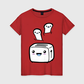 Женская футболка хлопок с принтом Позитивный тостер в Новосибирске, 100% хлопок | прямой крой, круглый вырез горловины, длина до линии бедер, слегка спущенное плечо | бутерброд | гренки | еда | позитив | позитивный тостер | смайл | тостер | хлеб