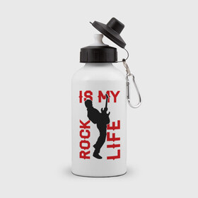 Бутылка спортивная с принтом Rock is my life (Рок-это моя жизнь) в Новосибирске, металл | емкость — 500 мл, в комплекте две пластиковые крышки и карабин для крепления | rock | рок