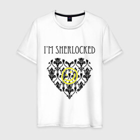 Мужская футболка хлопок с принтом Шерлок Сердце I`m Sherlocked в Новосибирске, 100% хлопок | прямой крой, круглый вырез горловины, длина до линии бедер, слегка спущенное плечо. | smile | кино | мультфильмы и тв | сердце | шерлок | шерлок сердце smile | шерлок холмс