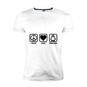 Мужская футболка премиум с принтом Peace Love Penguins (мир, любовь, пингвины) в Новосибирске, 92% хлопок, 8% лайкра | приталенный силуэт, круглый вырез ворота, длина до линии бедра, короткий рукав | peace love penguins | животные | любовь | мир | пингвины