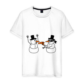 Мужская футболка хлопок с принтом Снеговик грабитель в Новосибирске, 100% хлопок | прямой крой, круглый вырез горловины, длина до линии бедер, слегка спущенное плечо. | Тематика изображения на принте: идеи подарков | с новым годом | снеговик грабитель | снеговики | снеговики бандиты | фен
