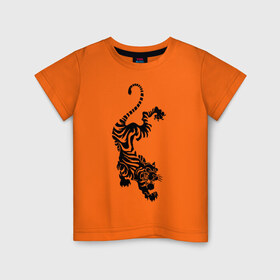 Детская футболка хлопок с принтом Тигр в японском стиле в Новосибирске, 100% хлопок | круглый вырез горловины, полуприлегающий силуэт, длина до линии бедер | животные | зубы | нападения | тигр | тигр в японском стиле | японский стиль