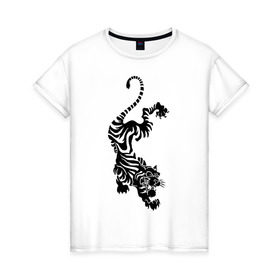 Женская футболка хлопок с принтом Тигр в японском стиле в Новосибирске, 100% хлопок | прямой крой, круглый вырез горловины, длина до линии бедер, слегка спущенное плечо | животные | зубы | нападения | тигр | тигр в японском стиле | японский стиль