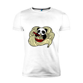 Мужская футболка премиум с принтом панда ест лапшу в Новосибирске, 92% хлопок, 8% лайкра | приталенный силуэт, круглый вырез ворота, длина до линии бедра, короткий рукав | Тематика изображения на принте: панда