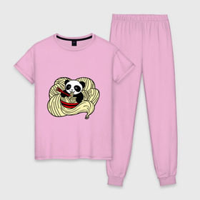 Женская пижама хлопок с принтом панда ест лапшу в Новосибирске, 100% хлопок | брюки и футболка прямого кроя, без карманов, на брюках мягкая резинка на поясе и по низу штанин | панда