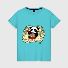 Женская футболка хлопок с принтом панда ест лапшу в Новосибирске, 100% хлопок | прямой крой, круглый вырез горловины, длина до линии бедер, слегка спущенное плечо | панда