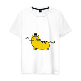 Мужская футболка хлопок с принтом Кот аристократ в Новосибирске, 100% хлопок | прямой крой, круглый вырез горловины, длина до линии бедер, слегка спущенное плечо. | аристократ | желтый кот | кот | кот аристократ | котик | котяра | цилиндр