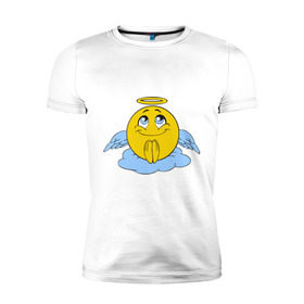 Мужская футболка премиум с принтом Ангел смайл в Новосибирске, 92% хлопок, 8% лайкра | приталенный силуэт, круглый вырез ворота, длина до линии бедра, короткий рукав | smile. улыбка | ангел смайл | безумный смайл | позитив и смайлы | псих | смайл | смайлик