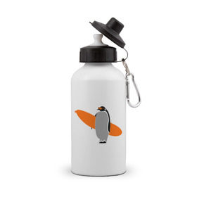 Бутылка спортивная с принтом Пингвин с сёрфингом в Новосибирске, металл | емкость — 500 мл, в комплекте две пластиковые крышки и карабин для крепления | Тематика изображения на принте: пингвин