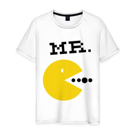 Мужская футболка хлопок с принтом Mистер Pac-Man (парная) в Новосибирске, 100% хлопок | прямой крой, круглый вырез горловины, длина до линии бедер, слегка спущенное плечо. | 